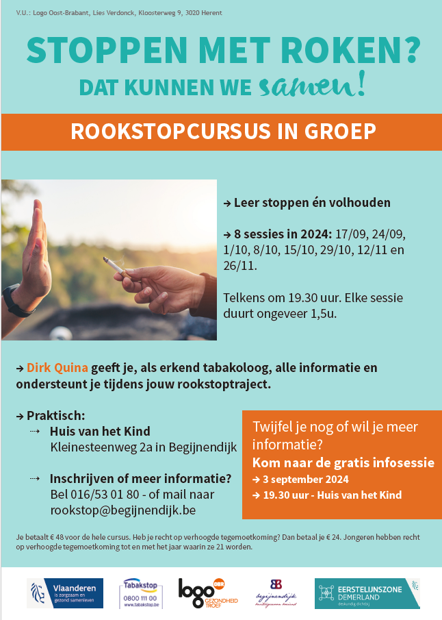 Affiche met informatie over de rookstopcursus in Begijnendijk